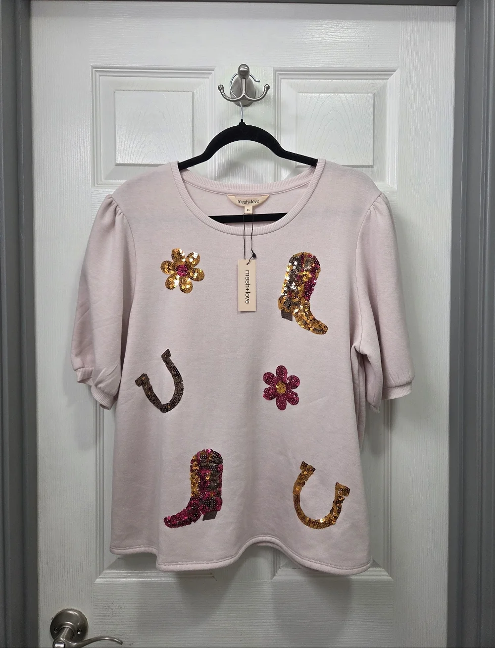 Pink Sequin Cowboy Boot Horseshoe Sweatshirt Western Rodeo Cowgirl Festival  XL - Picture 2 of 10